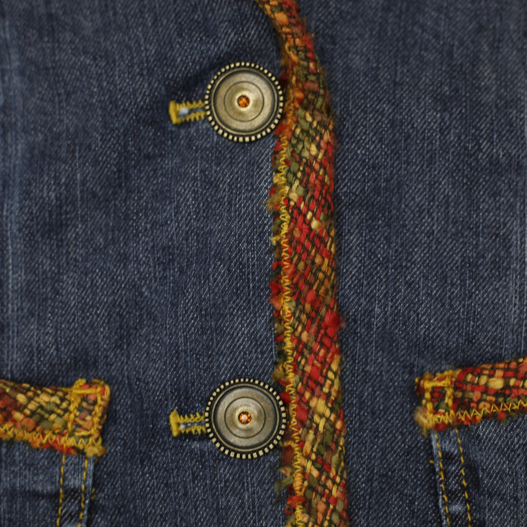 Vintage 90s Ladies Betty Barclay Paisley Boho Tapestry Trim Denim Blazer Jacket