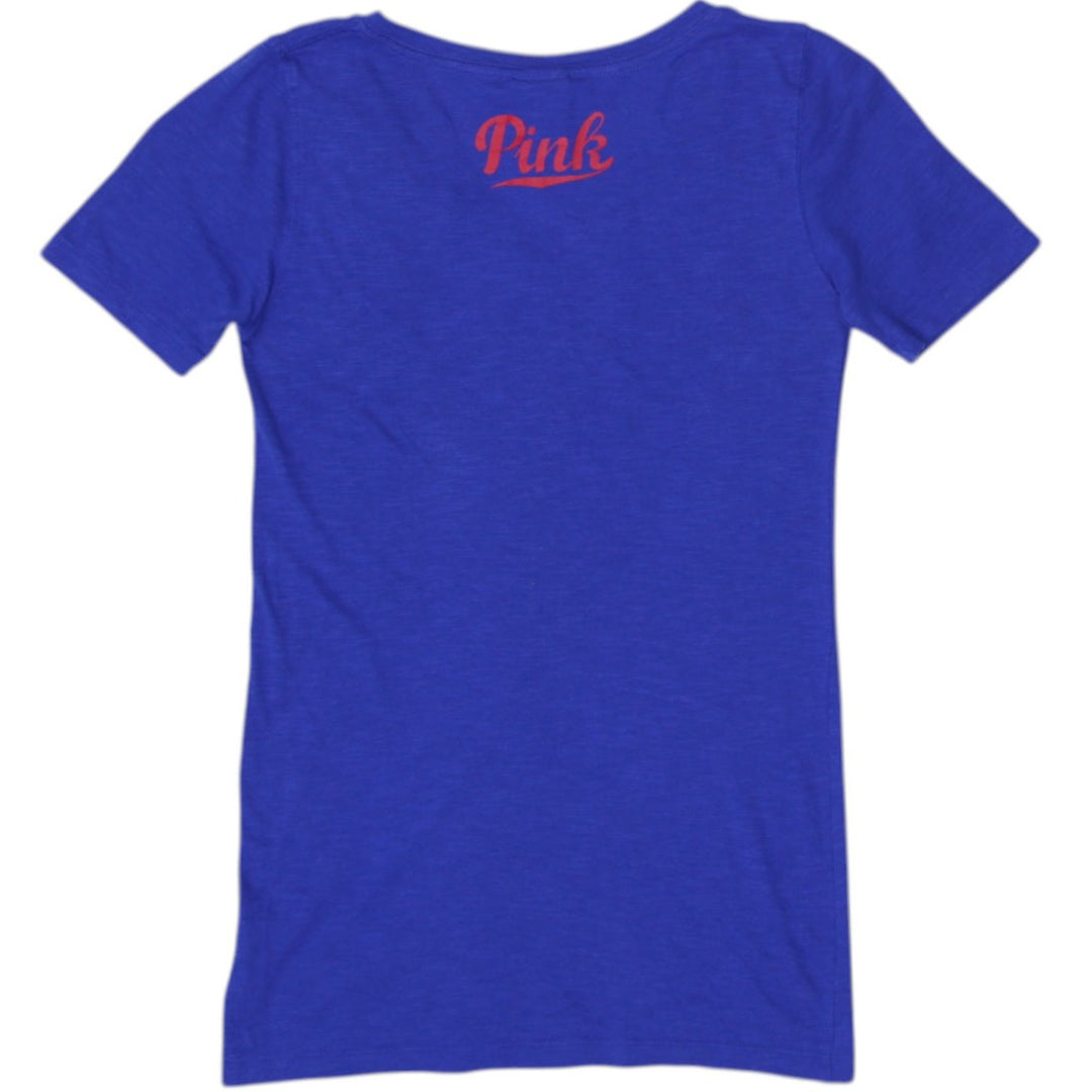 Y2K Ladies Pink Chicago Cubs Glitter Graphic Blue T-Shirt Size XS | Migration_Y2K Tops - Side View | Fashion Rerun