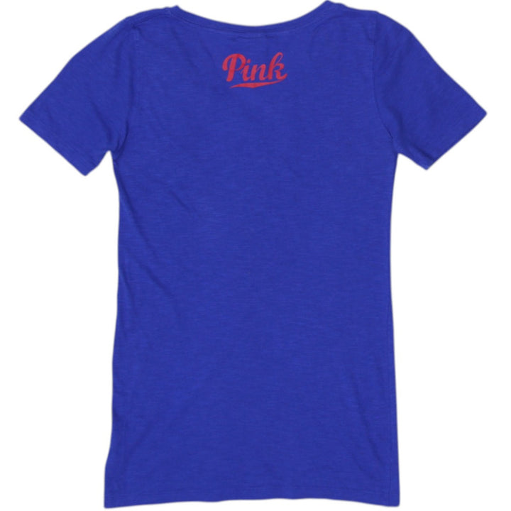 Y2K Ladies Pink Chicago Cubs Glitter Graphic Blue T-Shirt Size XS | Migration_Y2K Tops - Side View | Fashion Rerun