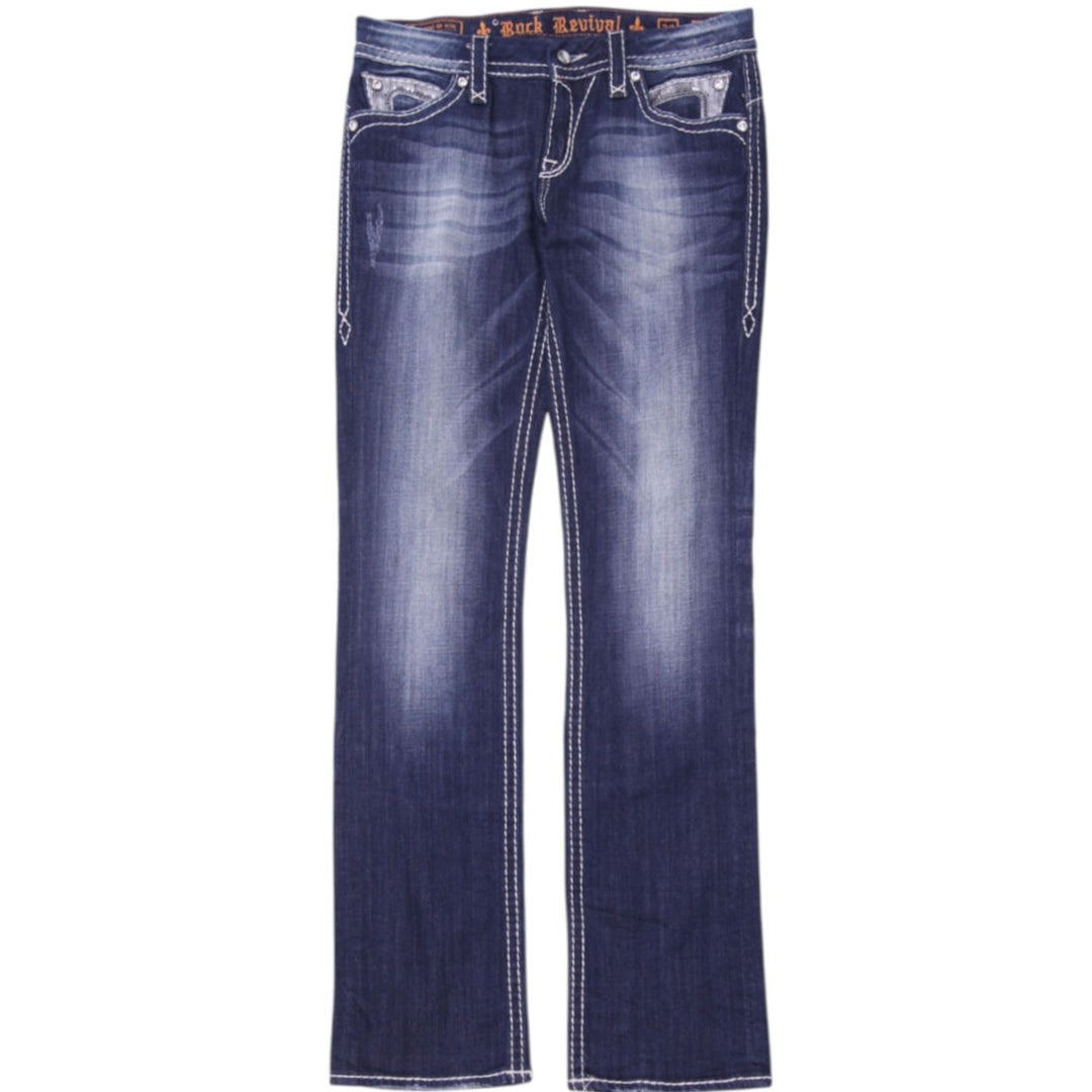 Y2K Ladies Rock Revival Buckle Sasha Straight Thick Contrast Stitch Jeans 29