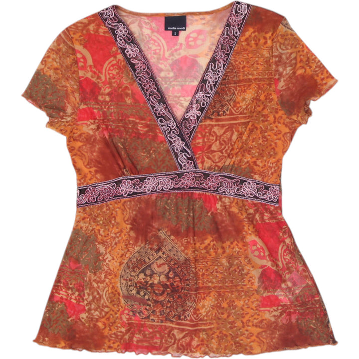 Y2K Ladies Nadia Nardi Mesh Top Orange Boho Paisley Size S