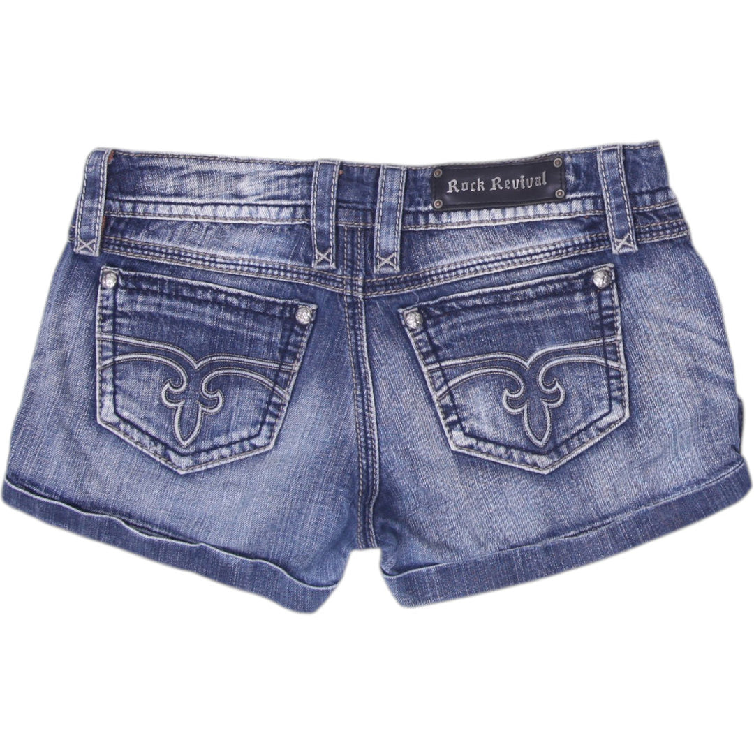Y2K Ladies Rock Revival Alanis Denim Shorts Washed Blue Distressed