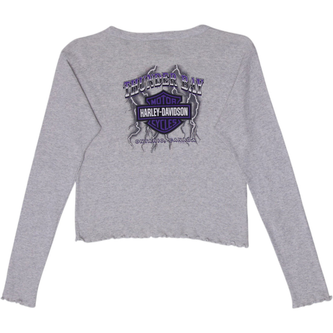 Ladies Harley Davidson Heather Gray Lettuce Edge Long Sleeve Top Graphic