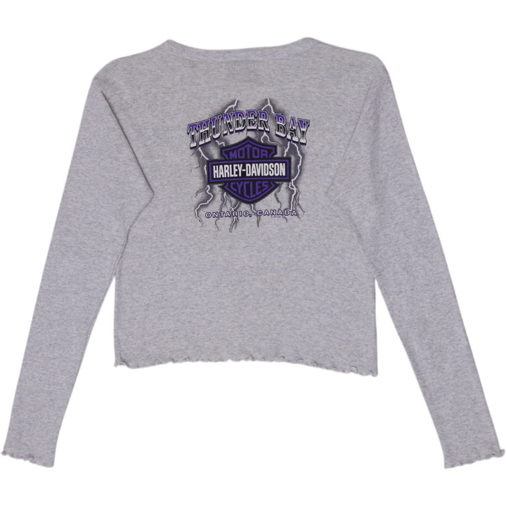 Ladies Harley Davidson Heather Gray Lettuce Edge Long Sleeve Top Graphic