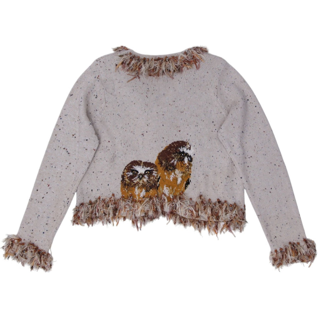 Vintage Ladies Design Options Cardigan Sweater M Owl Feather Cotton Gordon Ivory Orange OOAK