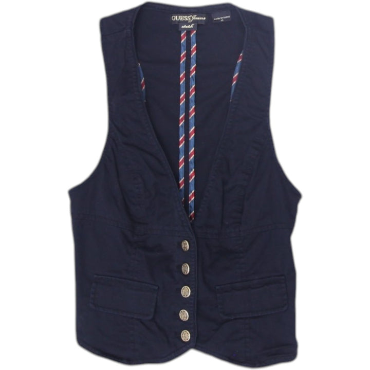 Y2K Ladies Guess Jeans Vest Black Button Down Striped Accent Waistcoat