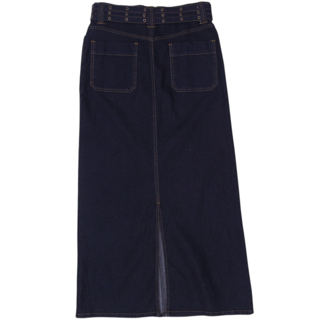 Y2K Ladies Navy Blue Belted Pocketed Denim Maxi Skirt Size S | Migration_Skirts - Side View | Fashion Rerun