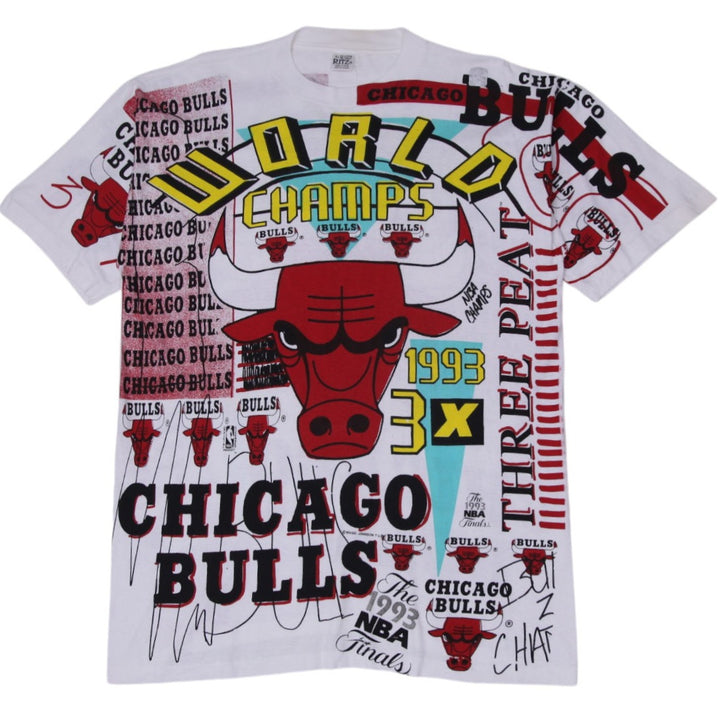 Vintage 90s Chicago Bulls 3 Peat NBA Champions All-Over Print 1993 T-Shirt XL | Migration_T-Shirts | Fashion Rerun