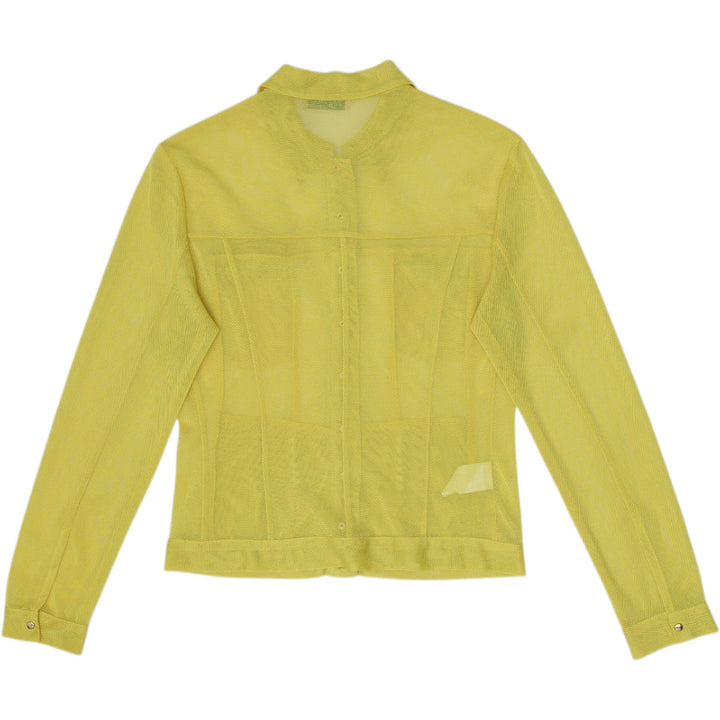 Y2K Ladies Vassalli Made in Italy Yellow Mesh Sheer Button Up Top Size 42