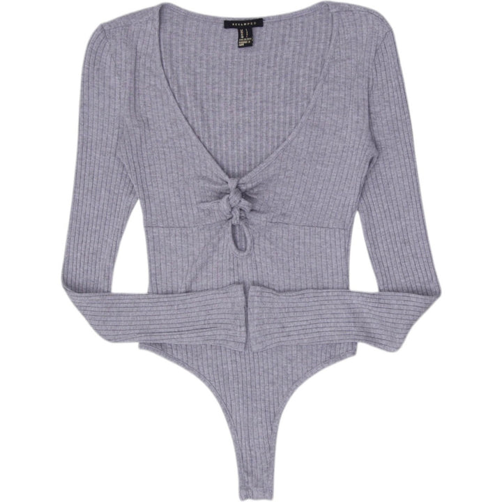 Y2K Ladies Revamped Ribbed Long Sleeve Cinch Front Tie Bodysuit Size L