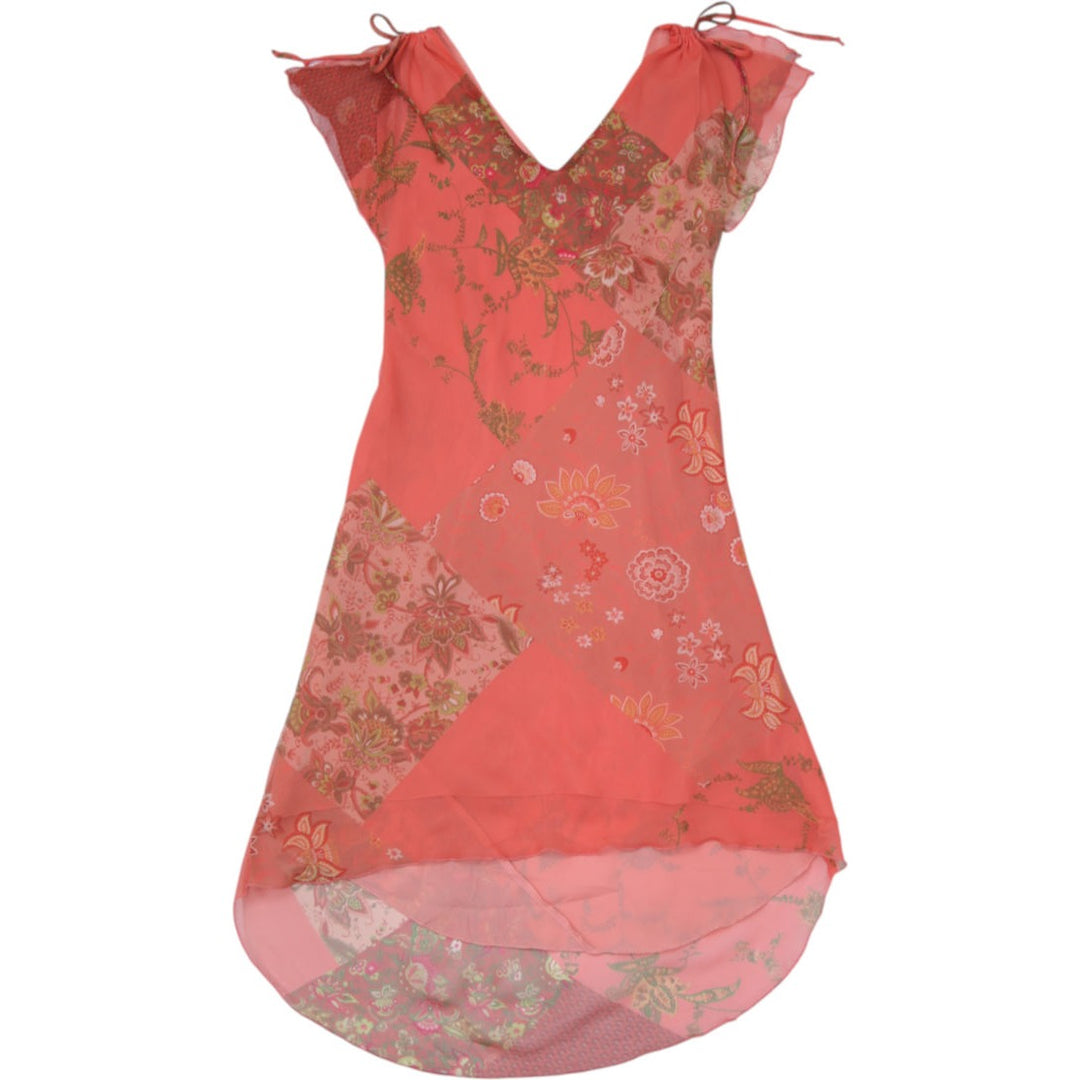 Y2K Ladies CDC Petites Coral Floral Patchwork Chiffon Dress Size 8