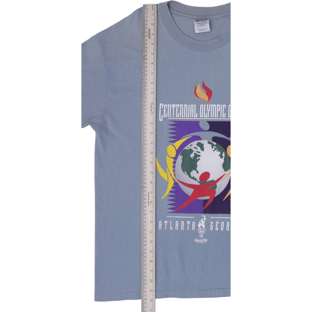Vintage Mens Hanes T-Shirt Blue Olympic Graphic Cotton S. Stitch Size L