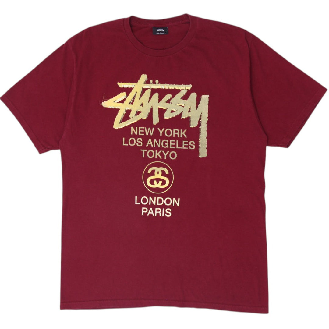Mens Stussy T-Shirt Maroon Gold Graphic Logo Size L