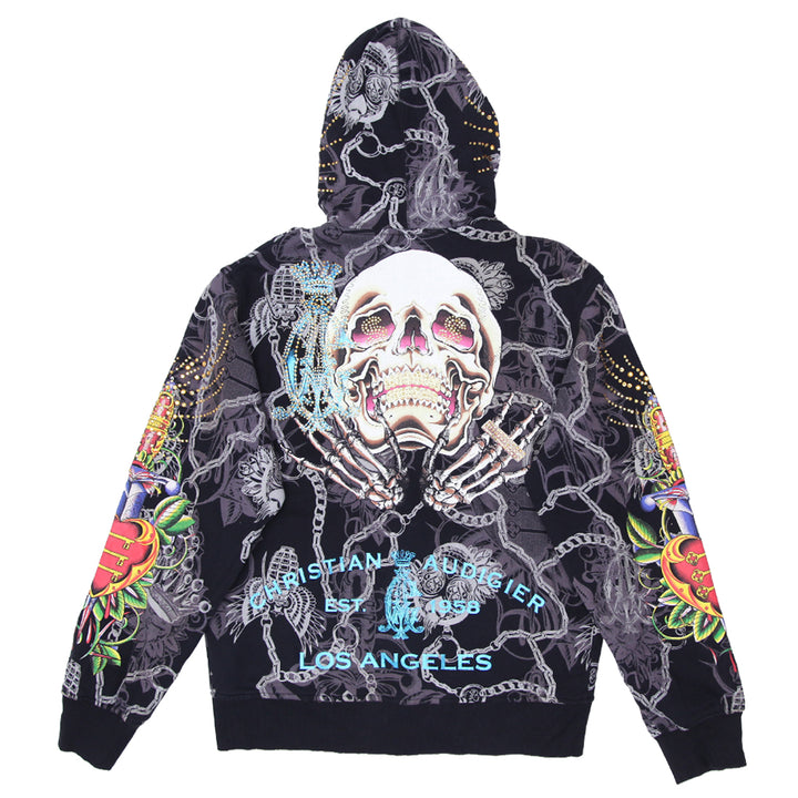 Mens Y2K  Christian Audigier Hip Hop University Stoned AOP Skull Hoodie - Fashion Rerun Vintage Migration_Sweaters