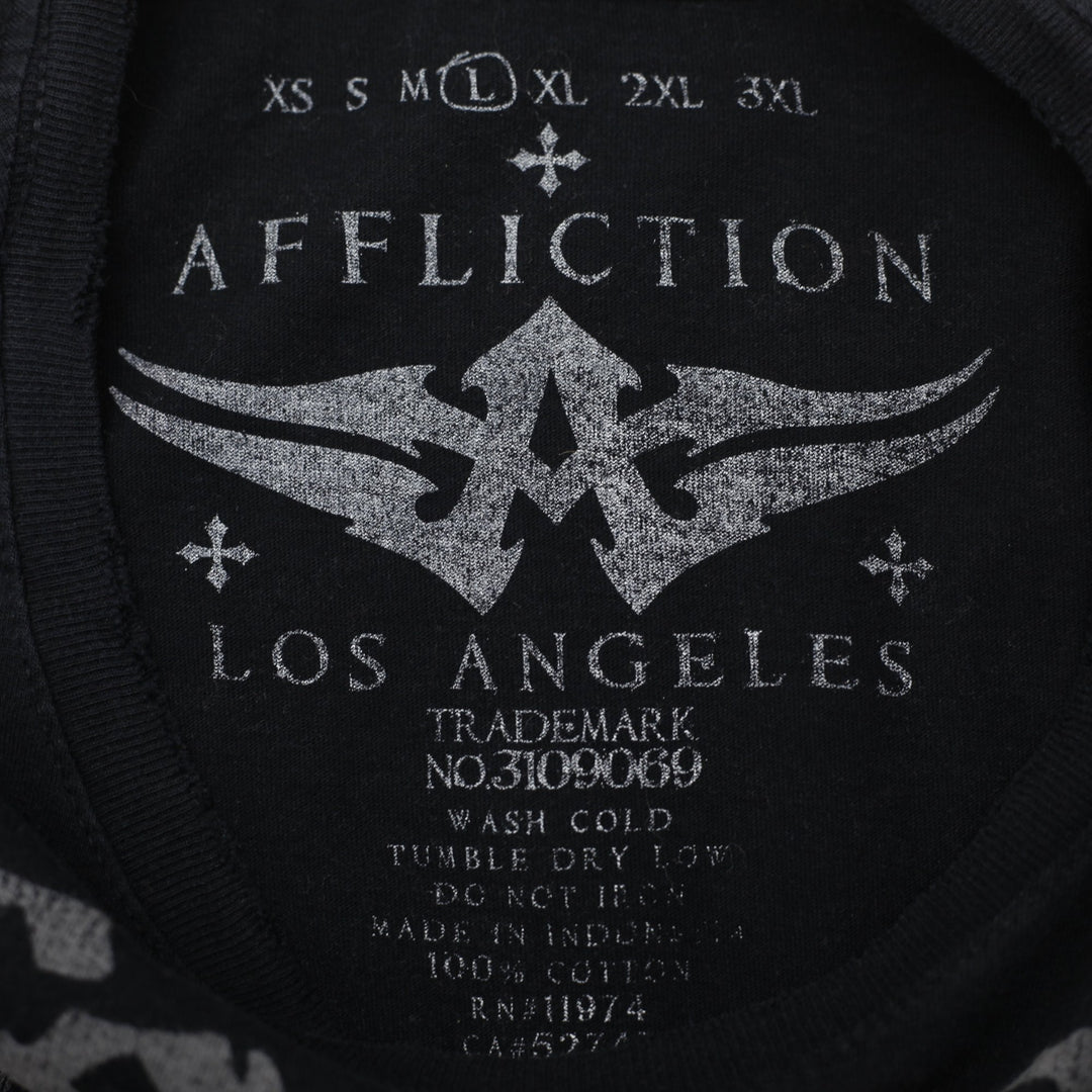 Y2K Mens Affliction Sematary Haunted Mound Skull Roses Guns Aged Size L