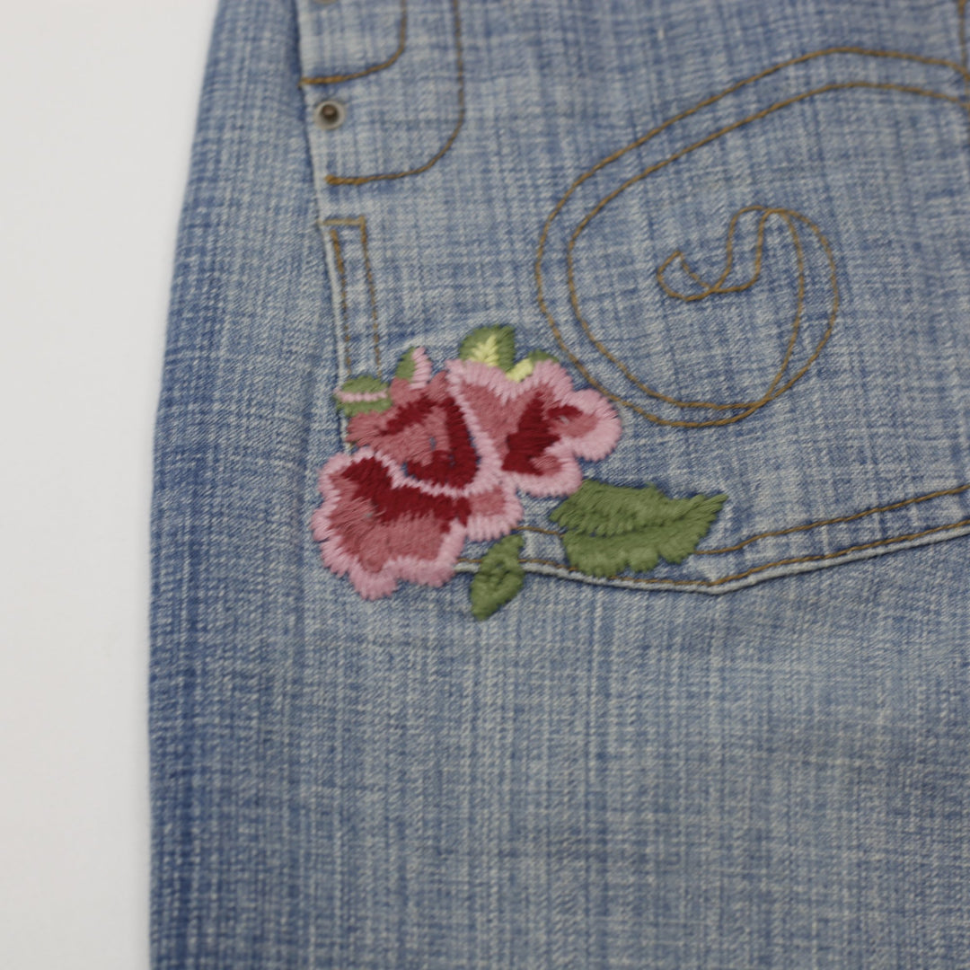Y2K Ladies d.jeans Embroidered Floral Blue Flare Denim Jeans Size 4