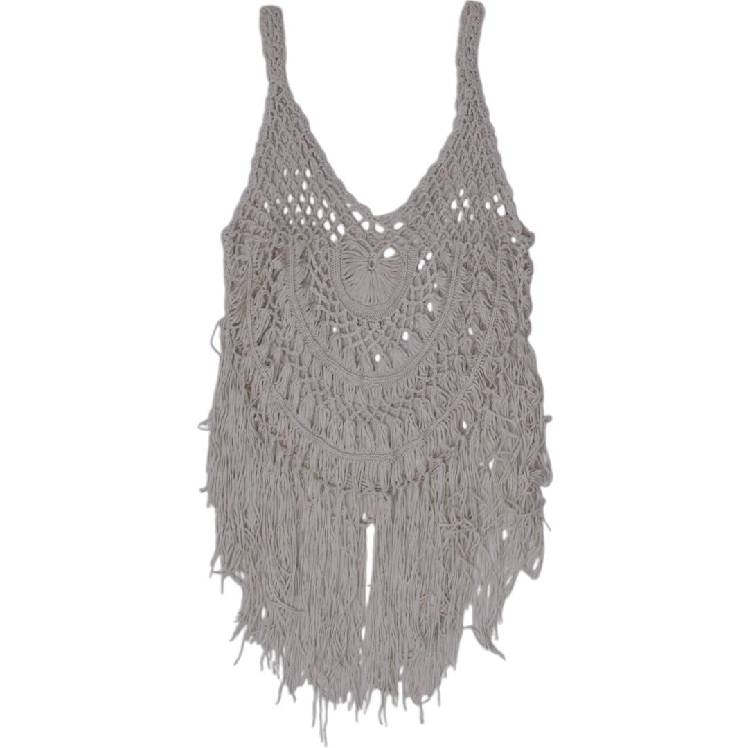 Y2K Beige Fringe Crochet Top - Size XS | Migration_Y2K Tops - Side View | Fashion Rerun