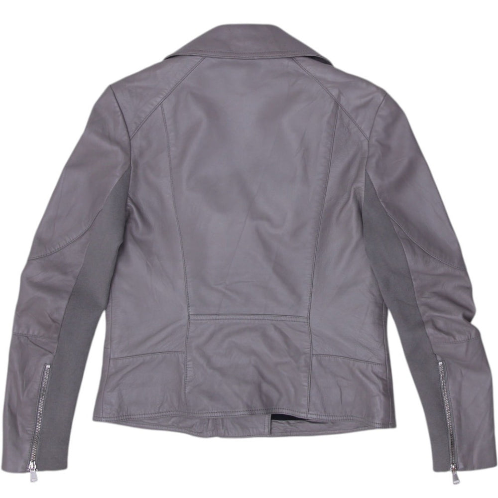Y2K Ladies Gray Leather Zipper Motorcycle Biker Jacket Size 6 | Migration_Jackets - Side View | Fashion Rerun
