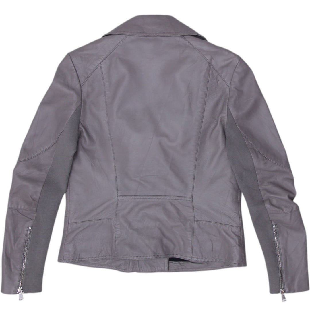 Y2K Ladies Gray Leather Zipper Motorcycle Biker Jacket Size 6 | Migration_Jackets - Side View | Fashion Rerun