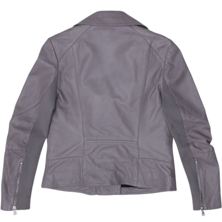 Y2K Ladies Gray Leather Zipper Motorcycle Biker Jacket Size 6 | Migration_Jackets - Side View | Fashion Rerun
