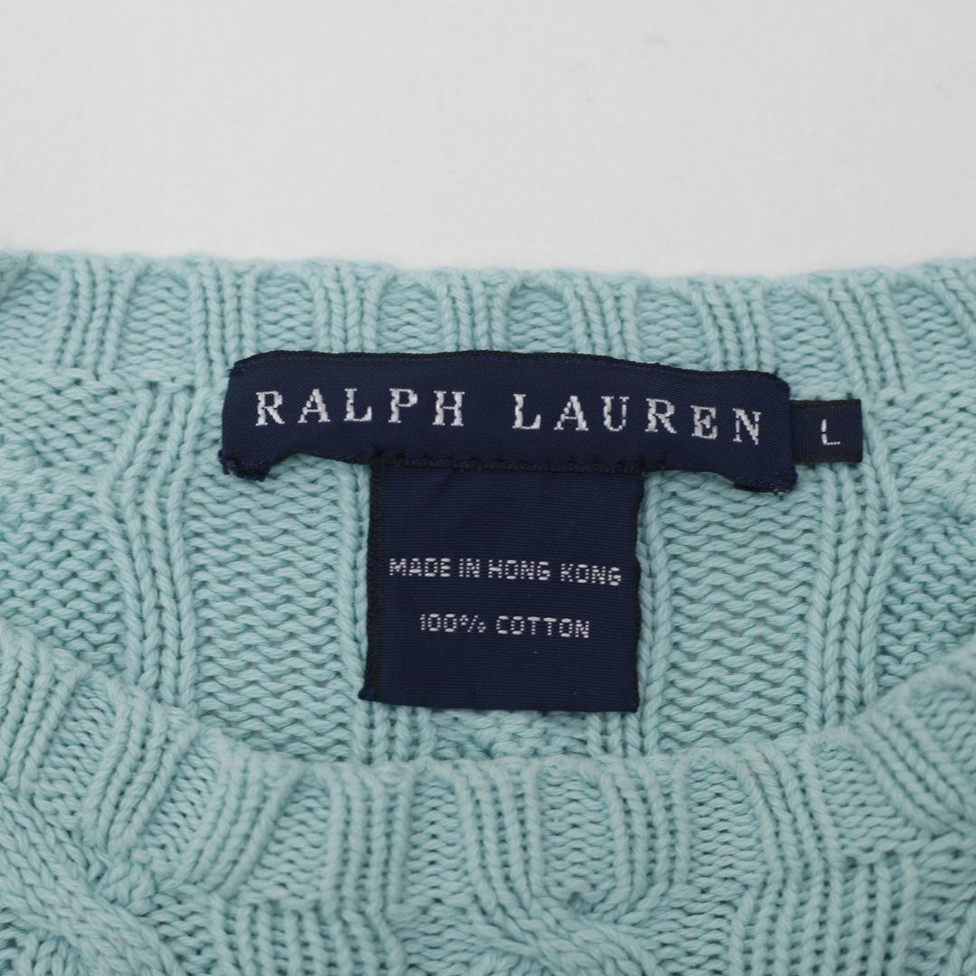 Vintage Ladies Ralph Lauren Cable Knit Sweater Light Blue Large 100% Cotton