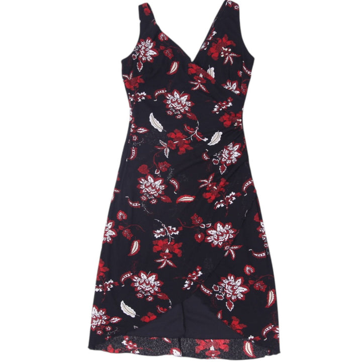 Y2K Ladies Floral Dress Black Red V-Neck Sleeveless Midi