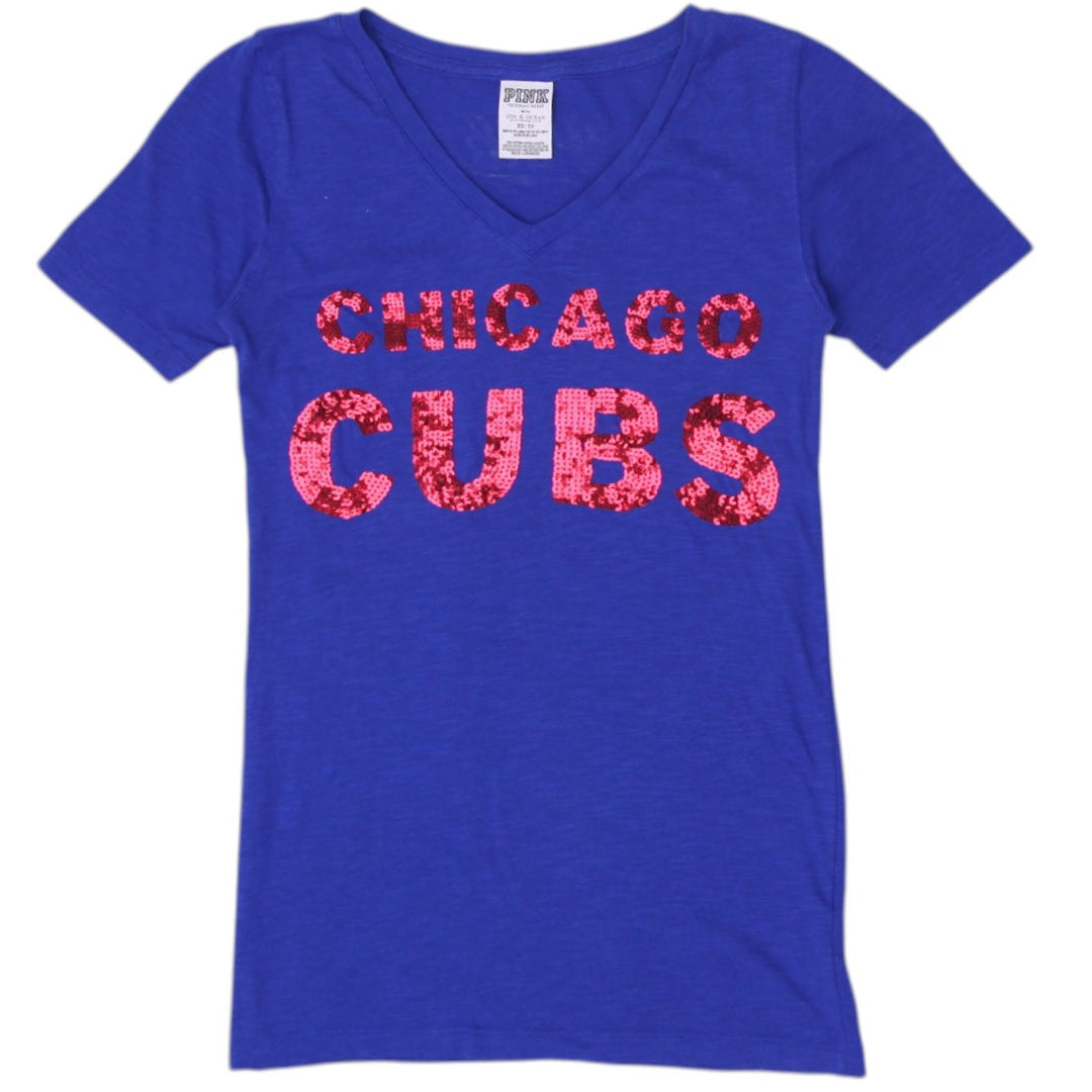 Y2K Ladies Pink Chicago Cubs Glitter Graphic Blue T-Shirt Size XS | Migration_Y2K Tops | Fashion Rerun
