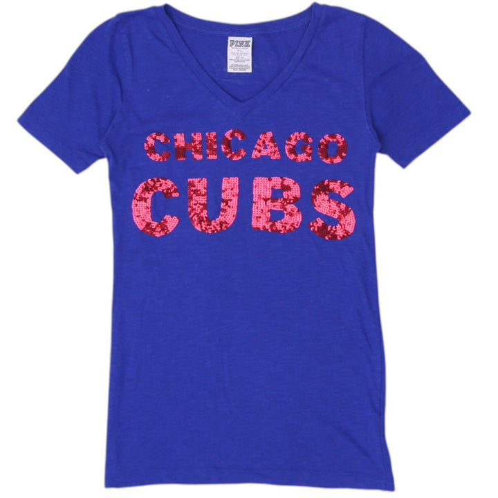 Y2K Ladies Pink Chicago Cubs Glitter Graphic Blue T-Shirt Size XS | Migration_Y2K Tops | Fashion Rerun