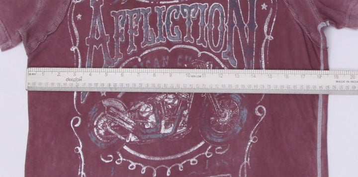 Y2K Mens Affliction T-Shirt Maroon Graphic Motorcycle Art