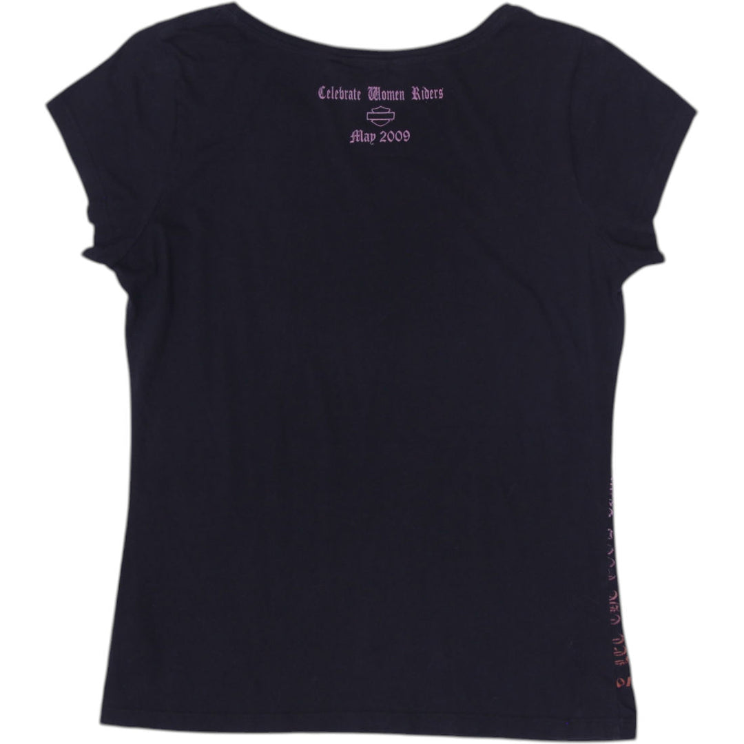 Ladies Harley Davidson T-Shirt Black Graphic Text Design Size L