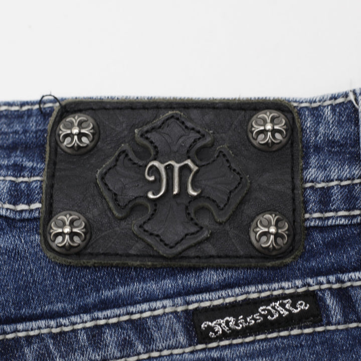 Y2K Ladies Miss Me JW5188B3 Bootcut Jeans Distressed Blue Rhinestone