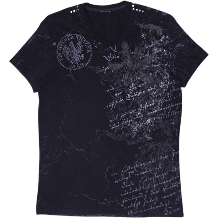Y2K Mens Black Graphic T-Shirt V-Neck Edgy Style