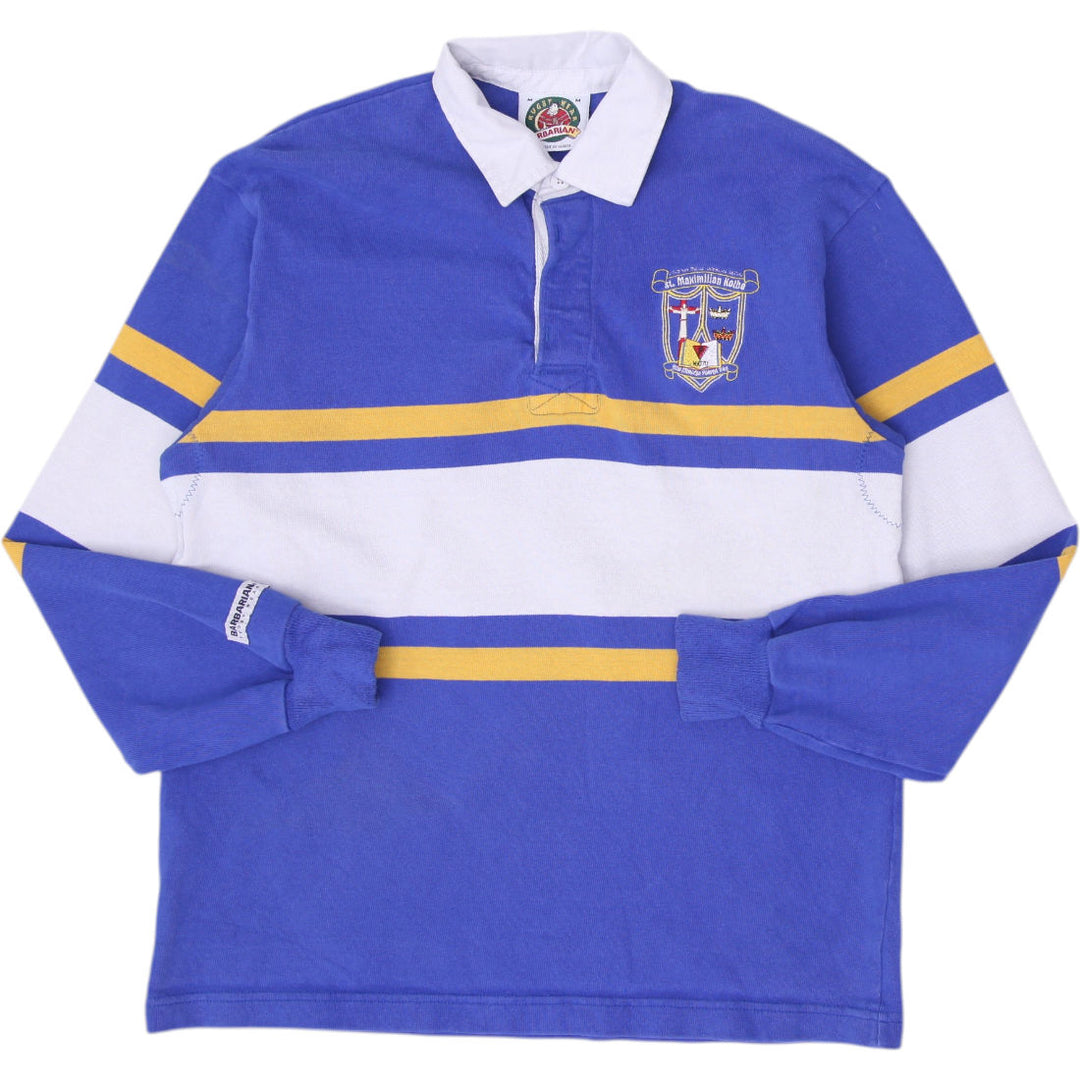 Vintage Mens Barbarian Rugby T-Shirt Blue Striped St. Maximilian Logo Size M