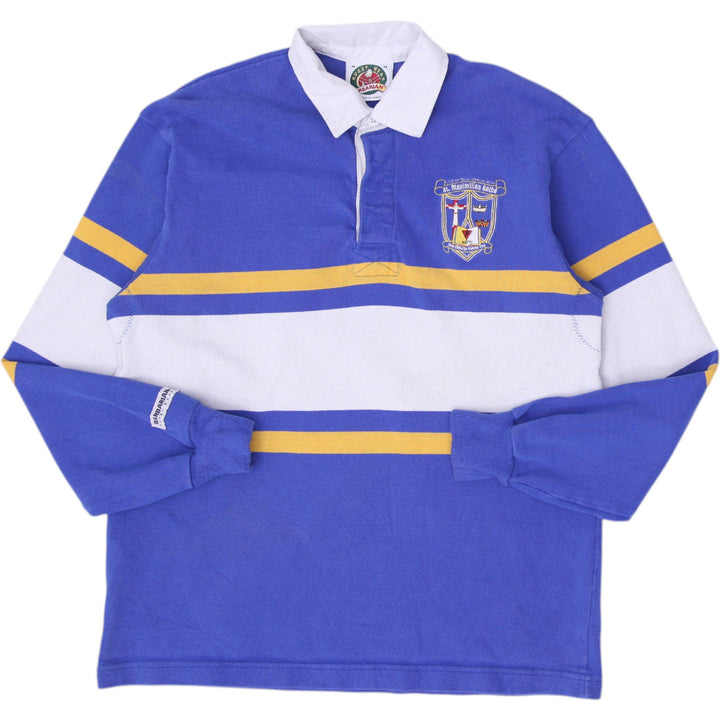 Vintage Mens Barbarian Rugby T-Shirt Blue Striped St. Maximilian Logo Size M