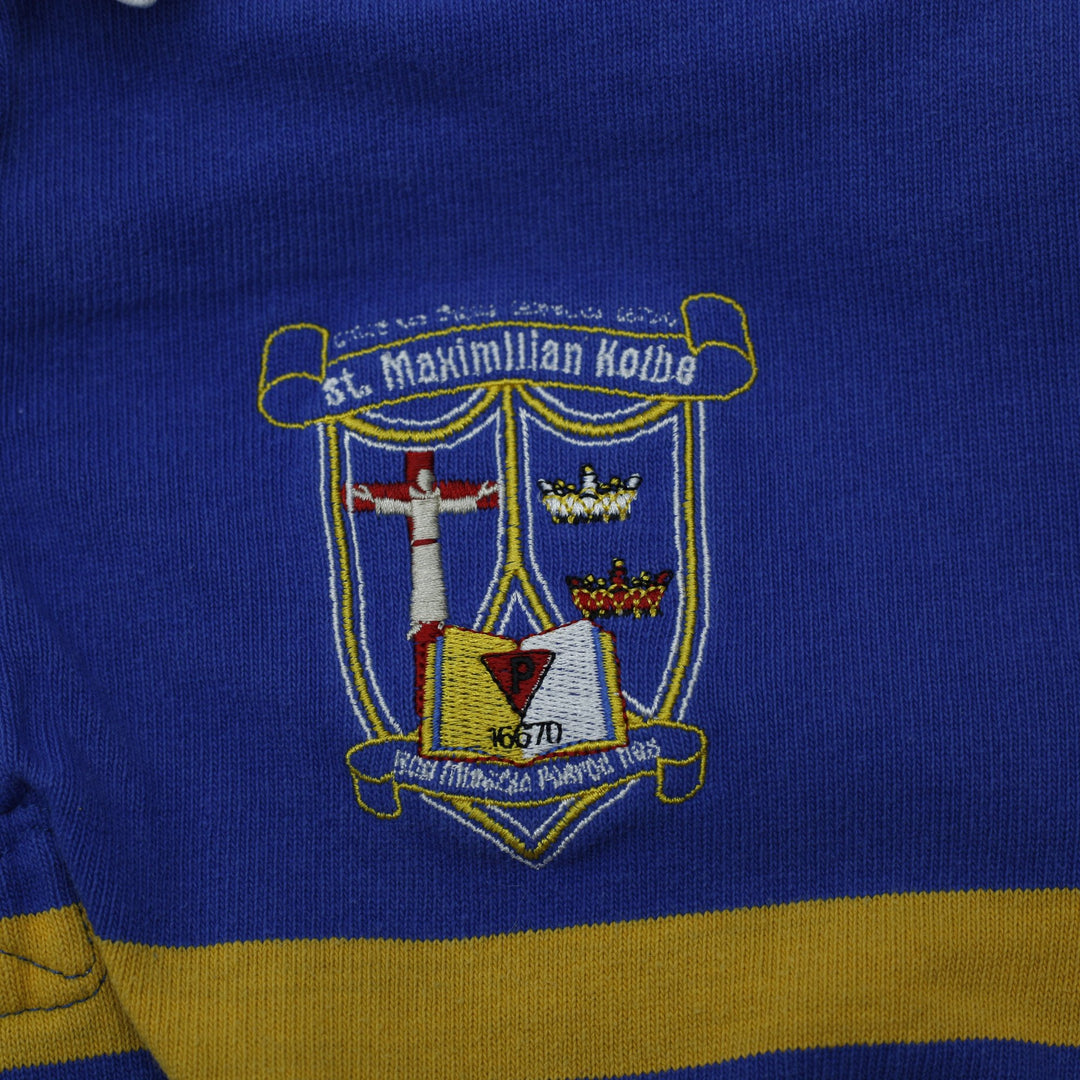 Vintage Mens Barbarian Rugby T-Shirt Blue Striped St. Maximilian Logo Size M