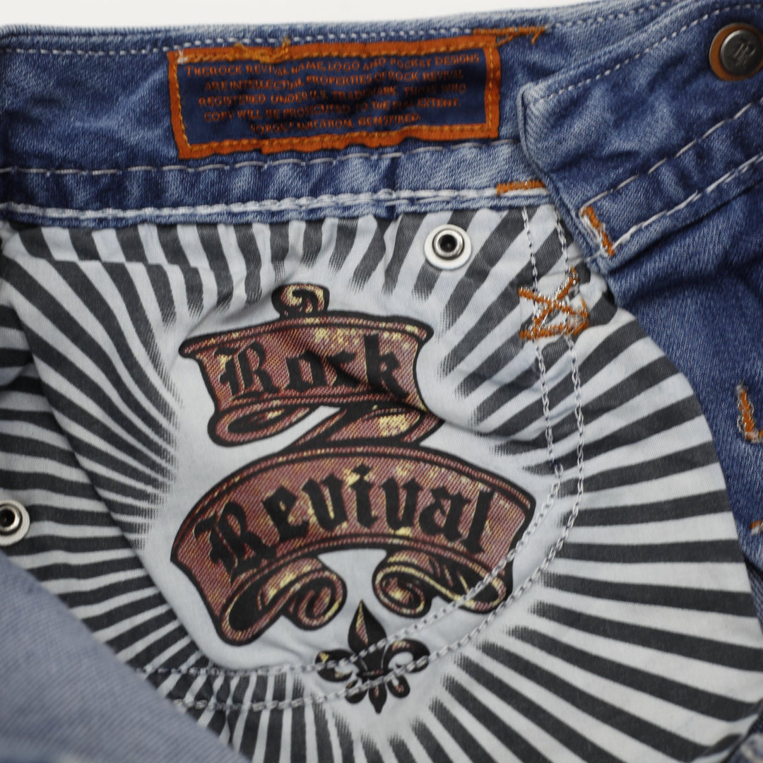 Y2K Ladies Rock Revival Denim Shorts Washed Blue Distressed Rhinestone