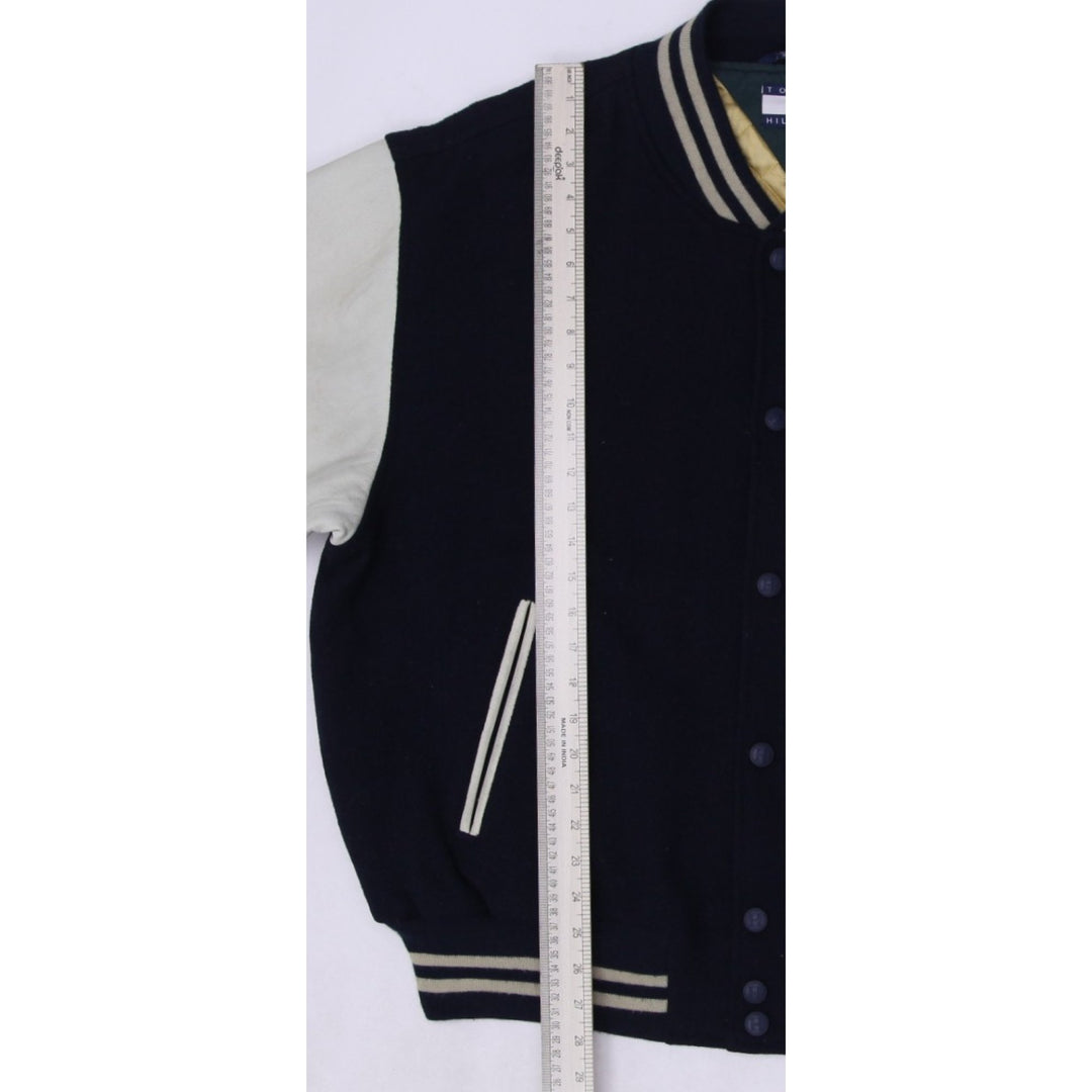 Vintage Tommy Hilfiger Varsity Jacket Navy Leather Sleeves Logo 88 XL | Migration_Jackets - View 8 | Fashion Rerun
