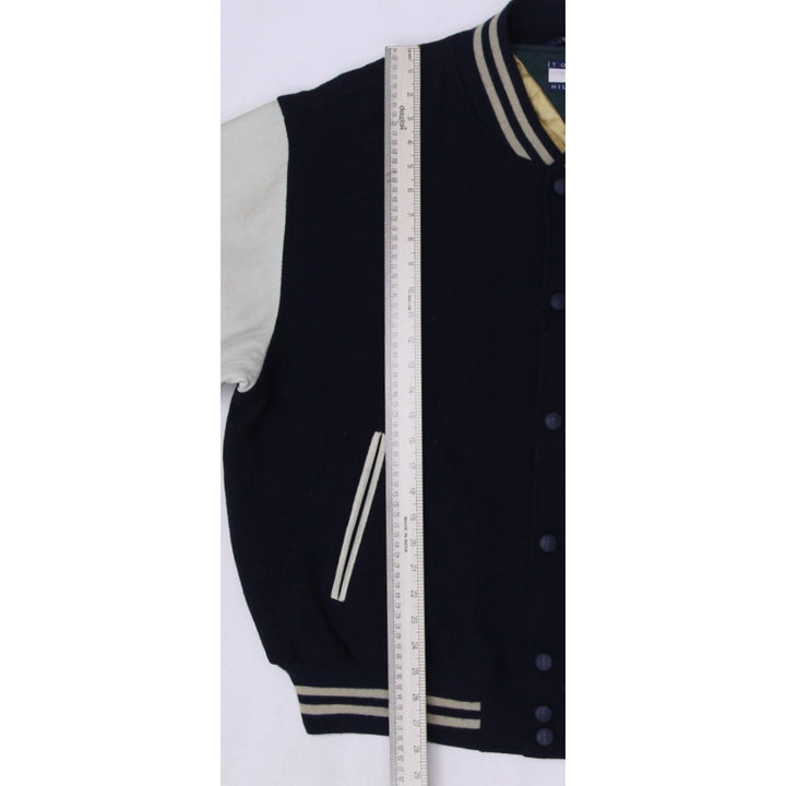 Vintage Tommy Hilfiger Varsity Jacket Navy Leather Sleeves Logo 88 XL | Migration_Jackets - View 8 | Fashion Rerun