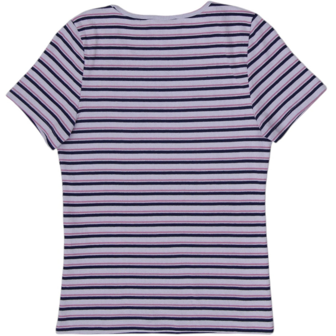 Y2K Ladies Levi’s Pink & Navy Striped Ribbed Knit Short Sleeve T-Shirt Size S