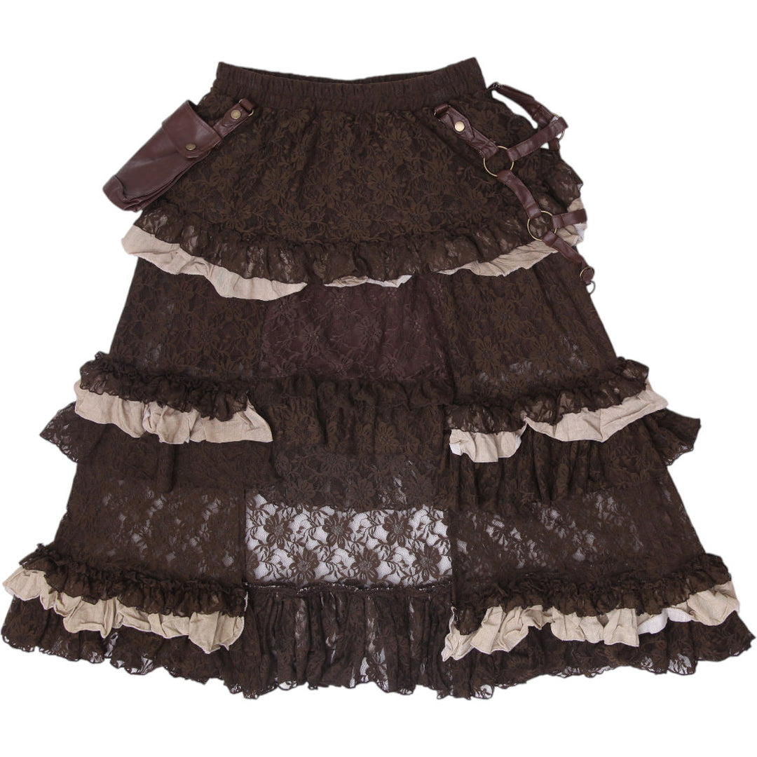 Y2K Ladies Spirit Halloween Steampunk Brown Lace Tiered Ruffle Maxi Skirt