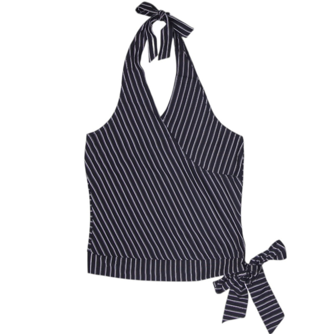 Y2K Ladies Two Roads Pinstripe Wrap Halter Top Office Goth Corporate Core