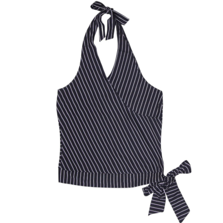 Y2K Ladies Two Roads Pinstripe Wrap Halter Top Office Goth Corporate Core
