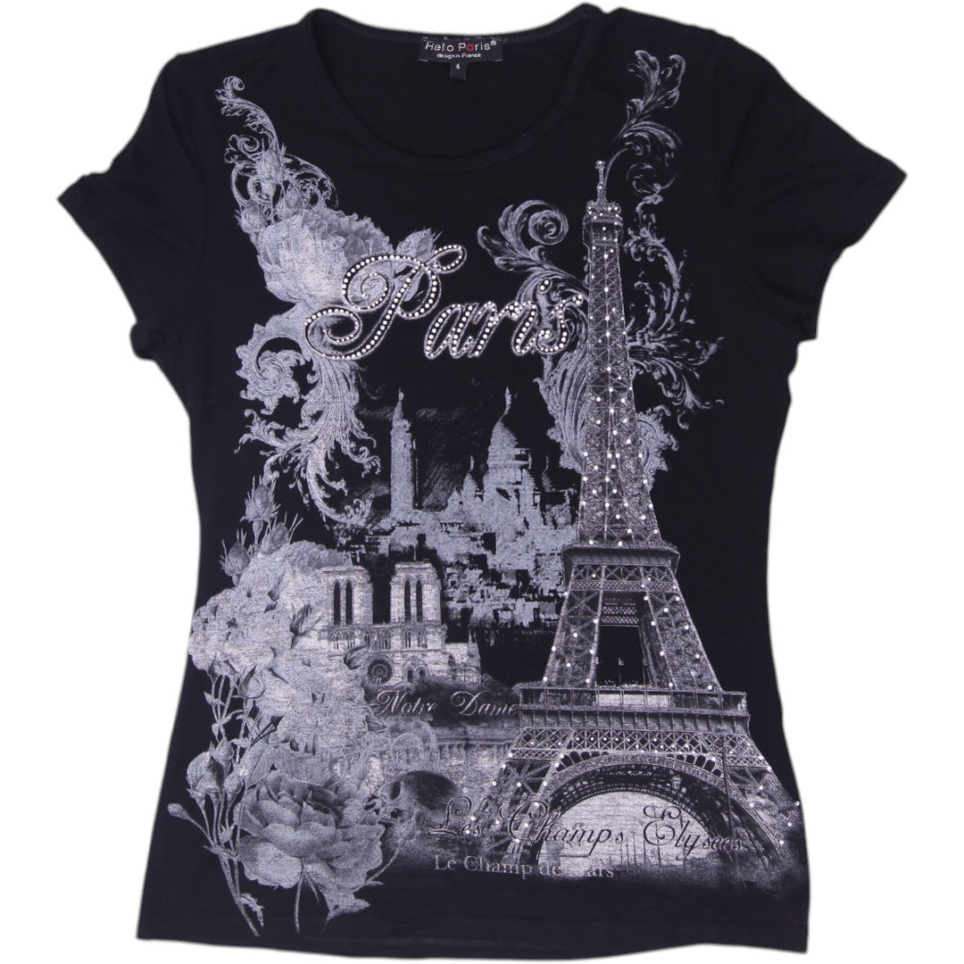 Y2K Ladies Hello Paris Rhinestone Eiffel Tower Graphic Top Size 4