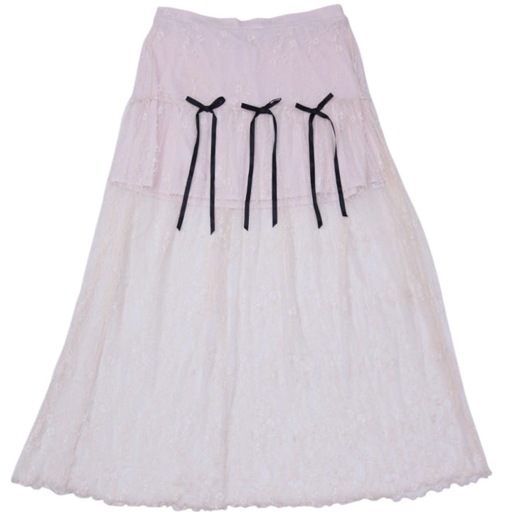 Y2K Ladies Miss Selfridge Cream Lace Maxi Skirt Black Ribbon Bows Coquette US 12