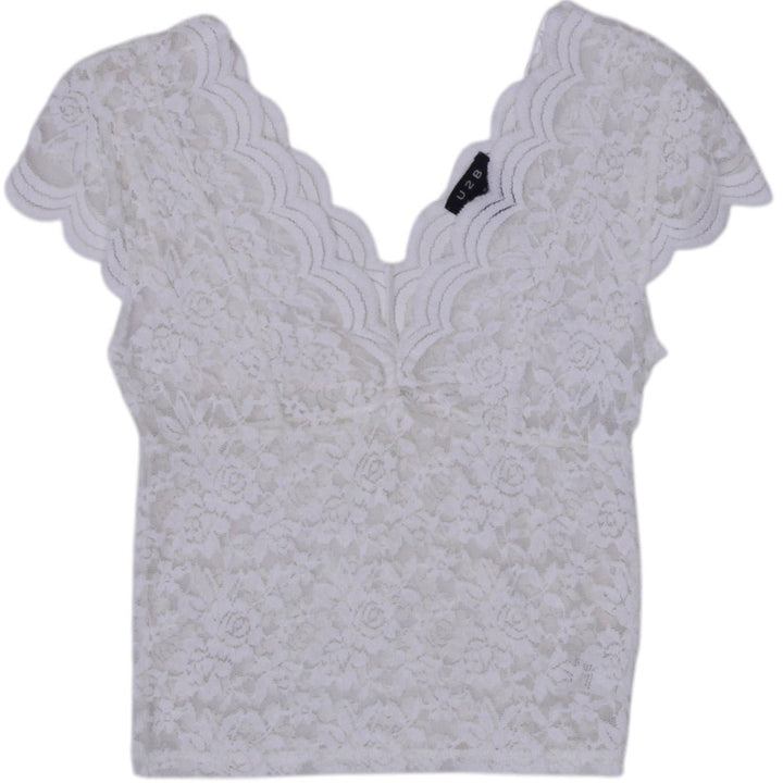 Y2K Ladies White Lace Floral Short Sleeve Crop Top Size M | Migration_Y2K Tops | Fashion Rerun