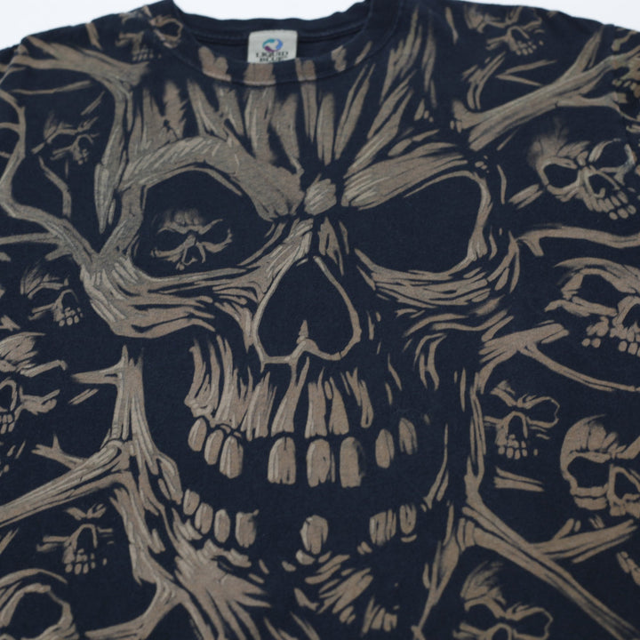 Vintage 1990s Liquid Blue Skull Pile All Over Print T-Shirt