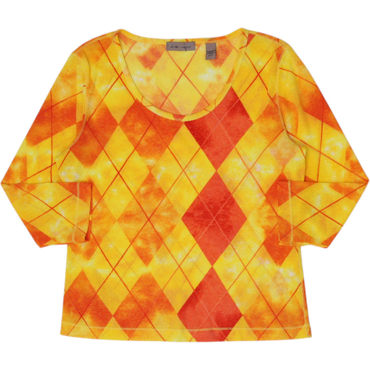 Y2K Ladies i.e. Relaxed Argyle Diamond Print Long Sleeve Mesh Top Size XL