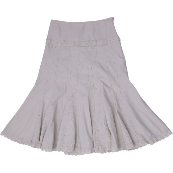 Y2K Ladies Jessica Beige Eyelet Lace Paneled A-Line Flared Midi Skirt Size 8