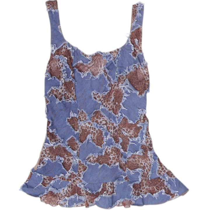 Y2K Ladies Papillon Blanc Layered Mesh Tank Top Leopard Faux Denim Size S
