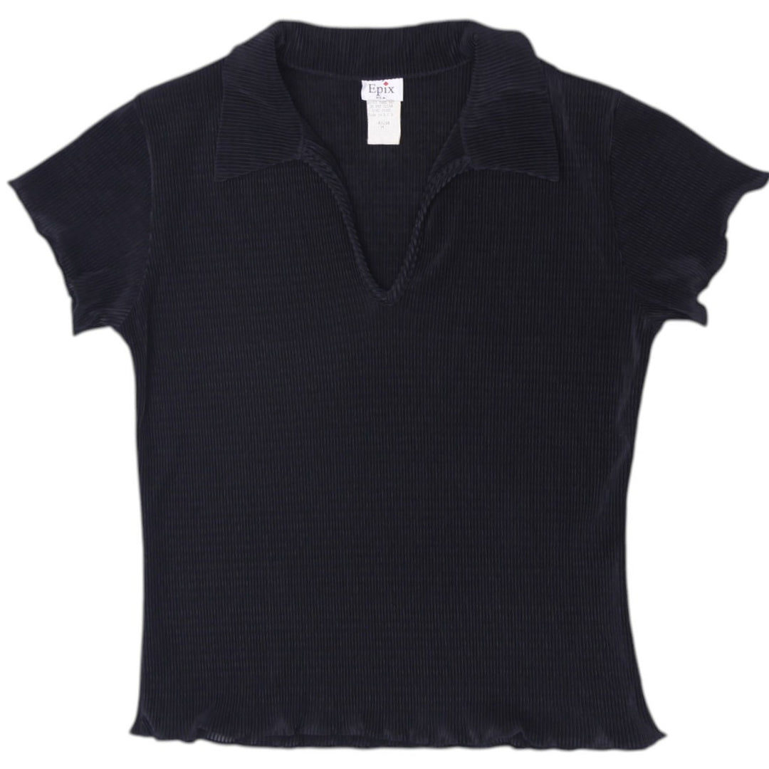 Y2K Ladies Short-Sleeve Ribbed Open-Collar Top Size M